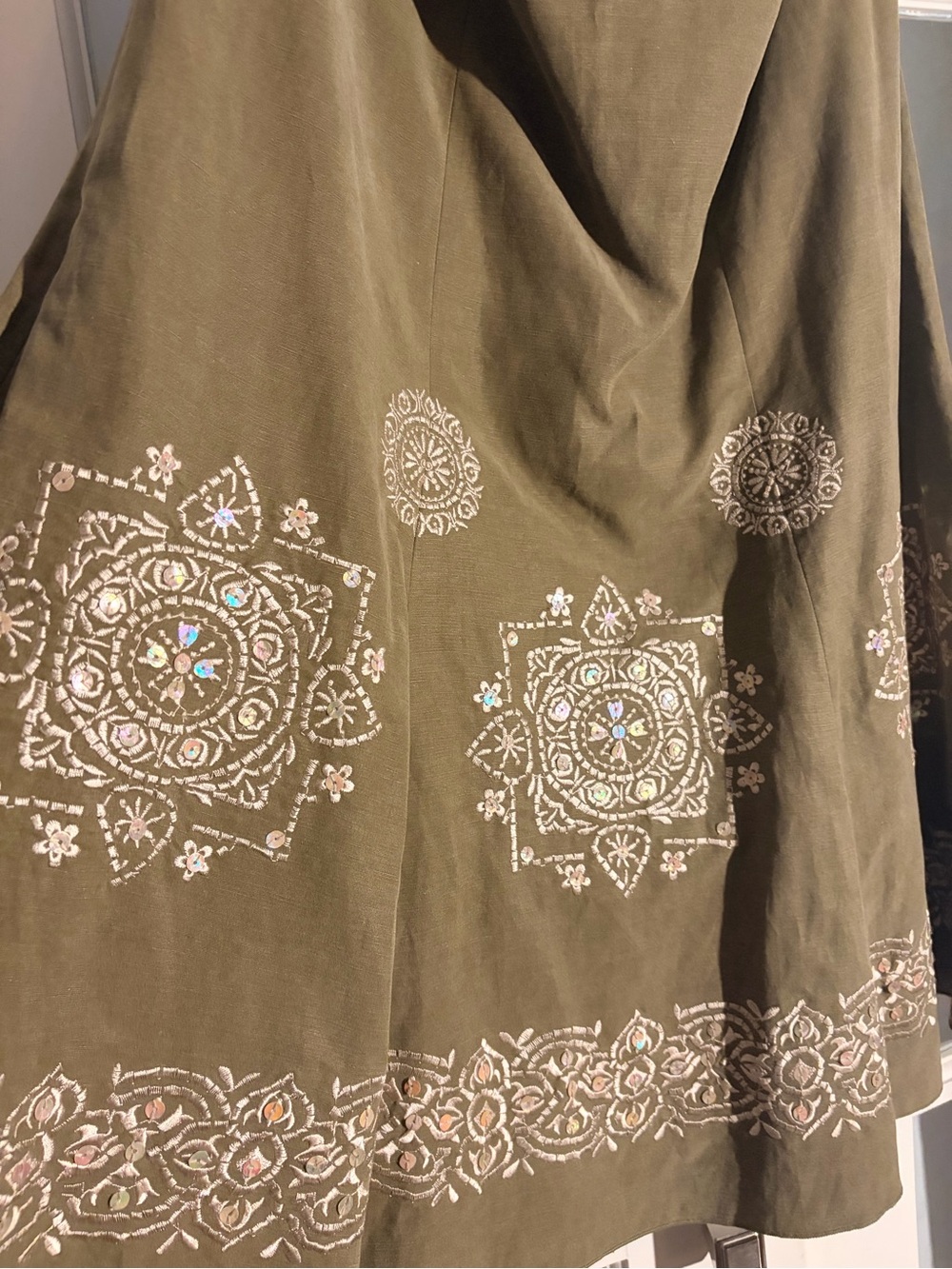 Nyamp Collection Olive Linen Blend Embroidered Sequin Midi Skirt Petite 4